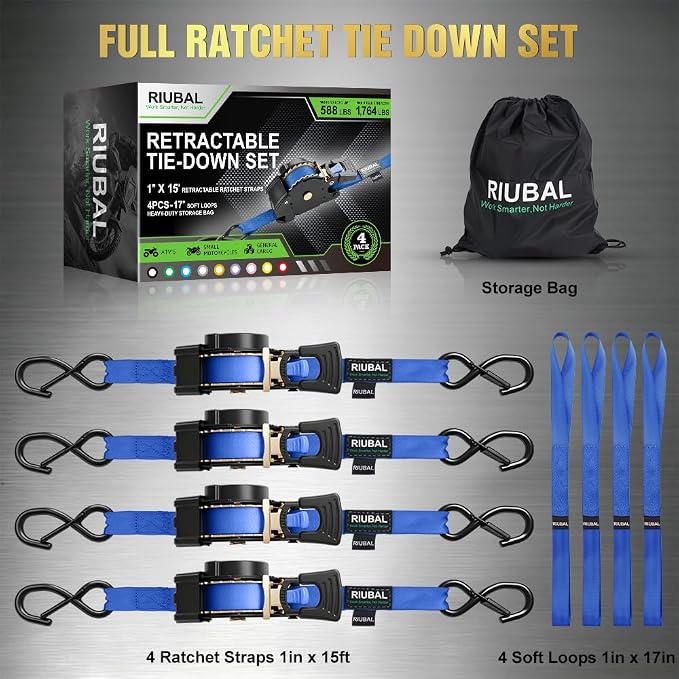 Retractable Ratchet Straps (4-Pack) - 1 Inch x 15 Feet (1,764lb Break Strength) - Auto Self Retracting Tie Down Straps Heavy Duty for Motorcycle, ATV, UTV, Truck, Cargo Trailer – Blue