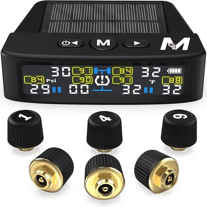 Marcala 2026 V2.0 Trailer Tire Pressure Monitoring System Set of 6 | 32-Foot Extended Range RV TPMS | 0-144 PSI for RV/Camper/Towing | Solar Charge & 6-Alarm Trailer TPMS | Prevent Flats & be Safer!