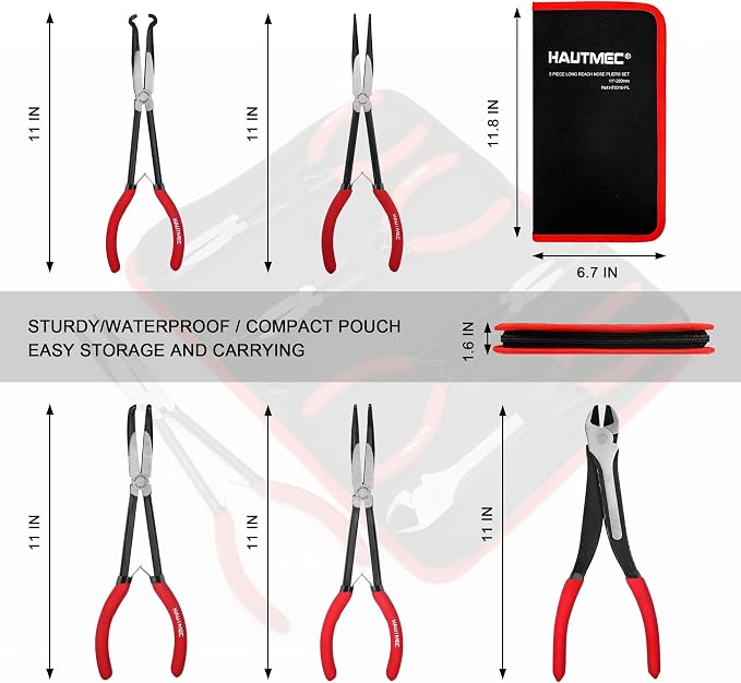 HAUTMEC 11Inch Long Reach Pliers Set Bundle with 7Inch Snap Ring Pliers Set