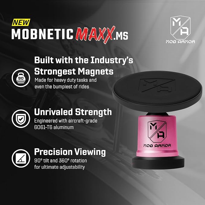Mob Armor MobNetic Maxx MS - MagSafe Compatible Car Phone Mount w/ 90º Tilt, 360º Rotation & Durable Aluminum Build, Magnetic Holder for iPhone & Android Devices, USA Assembled - Pink