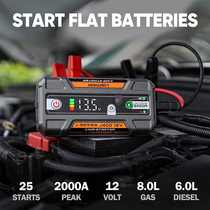 LOKITHOR J400 Jump Starter - 12V 2000A Lithium Battery Jump Pack, Portable Jump Box, Car Starter, Jumper Cables - for Up to 8.0L Gas & 6.0L Diesel Engines | ConnectMax Tech - Smart Digital Display