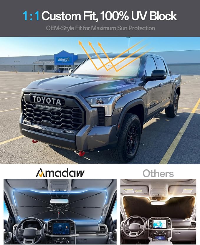 Windshield Sun Shade for Toyota Tundra 2000–2026, Foldable Umbrella Sunshade with 100% UV Block, Multi-Layer Heat Insulation, Reinforced 10-Rib Frame, Keeps Car Cooler, Summer Car Accessory