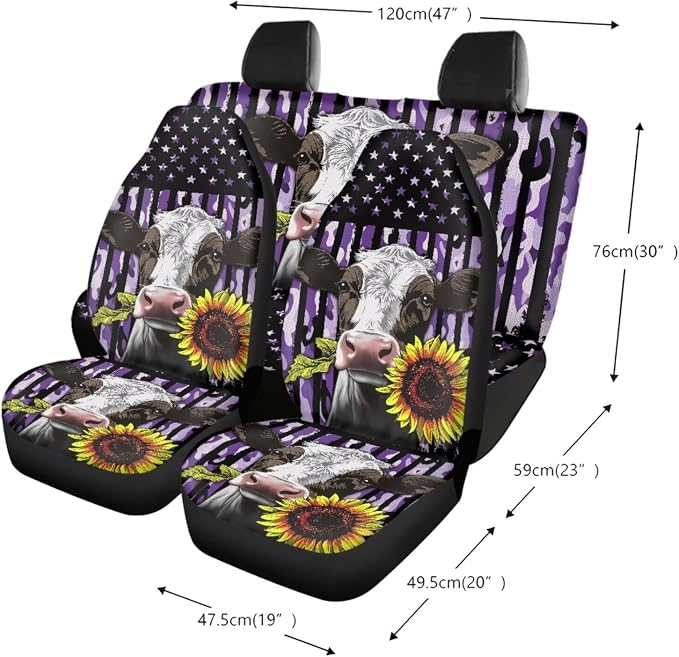 Cow Sunflower Camo American Flag Pattern Car Seat Cover Full Set, 13 PCS Car Accessories with 1 Soft Steering Wheel Cover, 4 Safe Belt Cover, 4 PCS Coasters as Gift for Family and Friend