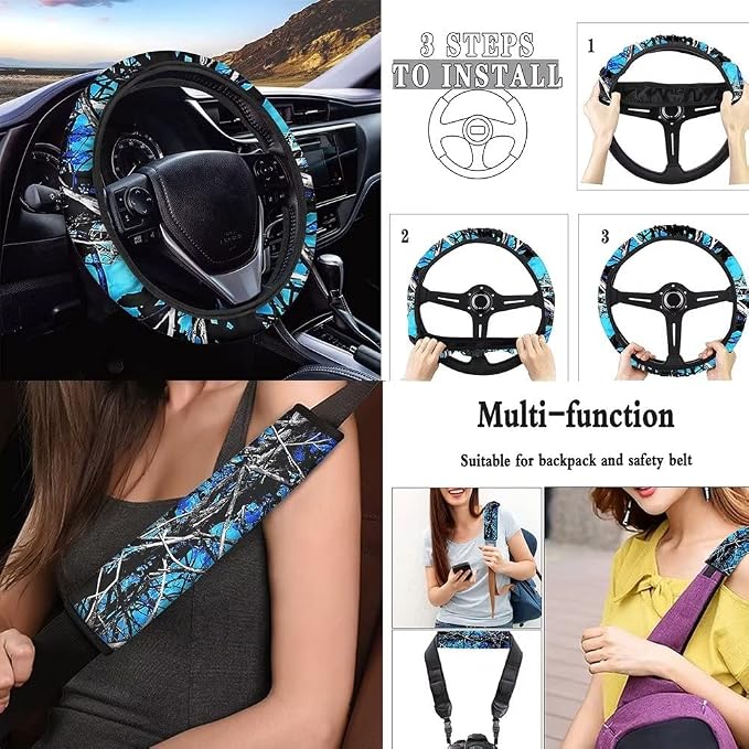 Blue Camo Oak Hunting 12Pc Car Seat Covers Full Set/Steering Wheel Covers/Seat Belt Pads/Key Chain/Coaster/Lipstick Holder Universal Auto Accessories Interior Protector Universal Fit