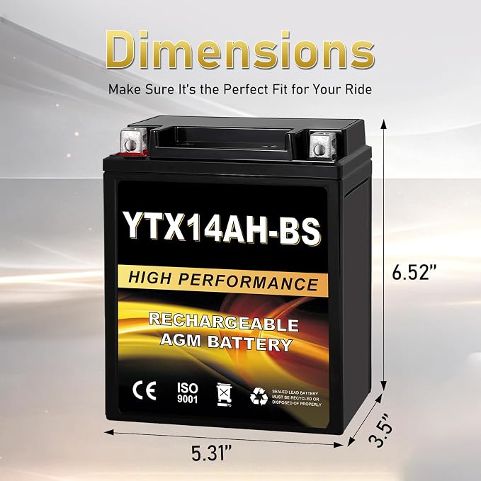 YTX14AH-BS 12V 12Ah AGM Sealed Motorcycle Battery, Maintenance-Free, Compatible with Polaris Sportsman 570, Trail Blazer 250, Ranger 400 500, Suzuki King Quad 300, QuadRunner 250