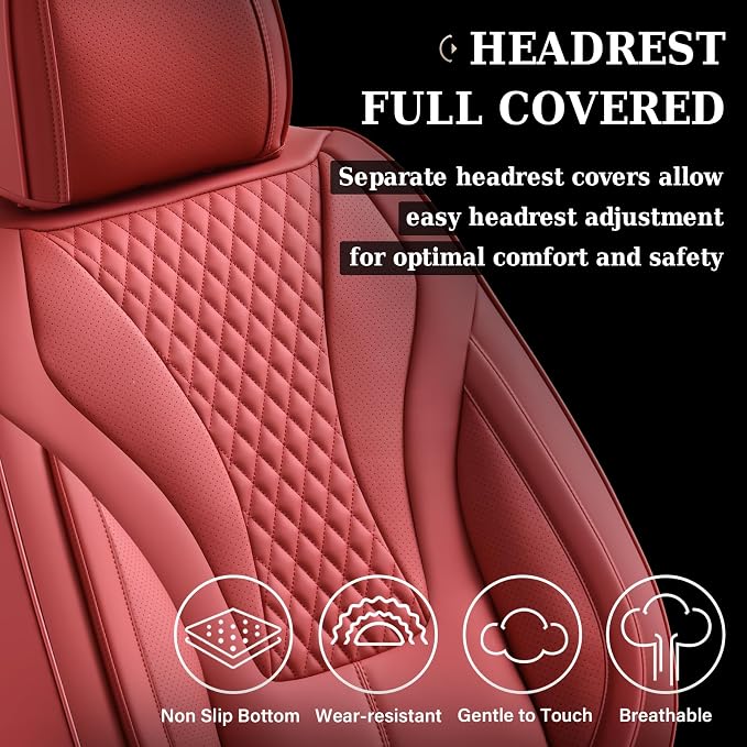 Coverado Waterproof Nappa Leather Car Seat Covers Full Set, Red 5-Seat Car Seat Protector, Front & Rear Cushions Fit for Most Sedans, SUVs, Pick-up Trucks