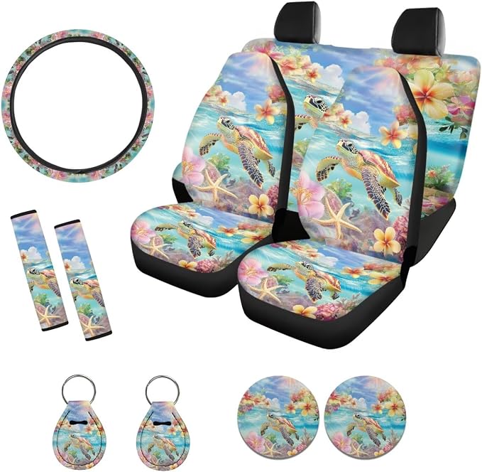 Suobstales Turtle Starfish Plumeria Flower Print Car Seat Cover Set SUV Interior Accessories Front/Back Bench Bucket Seat Cover, Steering Wheel Cover, Seat Belt Cover, Cup Holder Coasters, Keychain