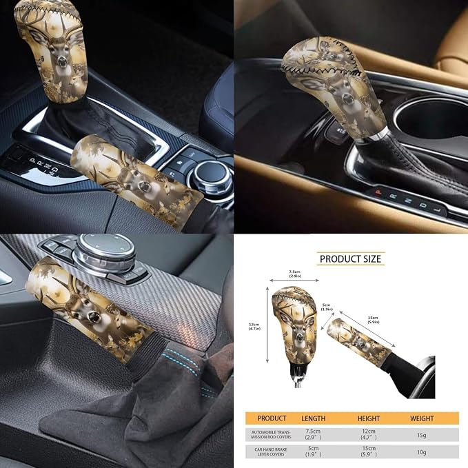 KEIAHUAN Car Seat Cover Full Set 11 Pieces Deer Hunting Camouflage with Stretchy Steering Wheel Cover,Headrest Cover,Gear Shift Knob Cover & Handbrake Cover,Coasters,Fit Most Van Sedan Truck SUV