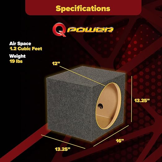 Q Power 12 Inch Heavy-Duty Single Sealed Carpet Covered Durable Car Audio Vehicle Subwoofer Enclosure Woofer Box, Charcoal Gray