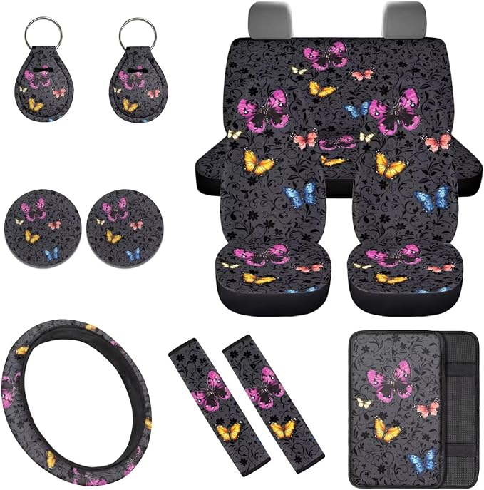 Colorful Butterfly Automobile Seat Cover Sets 12 Pack with Car Steering Wheel Cover Arm Rest Cover Keychain Holder Protector Seat Belt Pads Suitable for Most Cars,SUV
