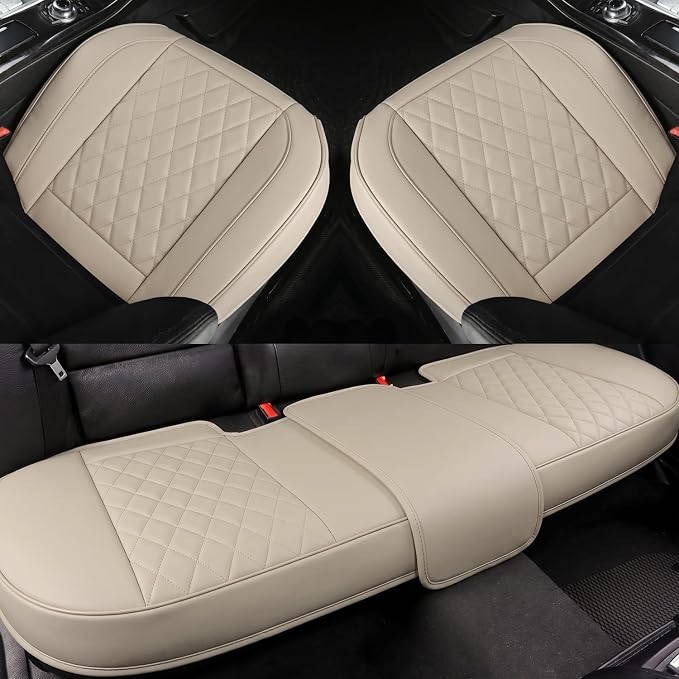 Beige Bottom Seat Cover for Cars Front Seats & Back Bench Full Set, Luxury Faux Leather Automative Seat Cushion Cover, Anti-Slip, Waterproof, Universal Fit