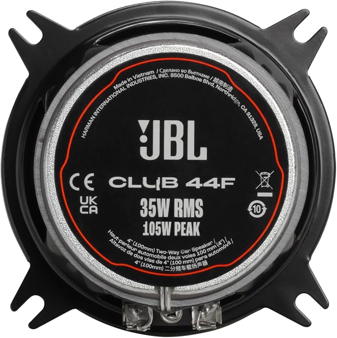 JBL Club 44F - 4" (100mm) Two-Way Car Speaker, 35W RMS, 105W Peak, Sensitivity (@ 2.83V): 90dB, Frequency Response: 75Hz – 20kHz, Nominal Impedance: 3.0 ohms
