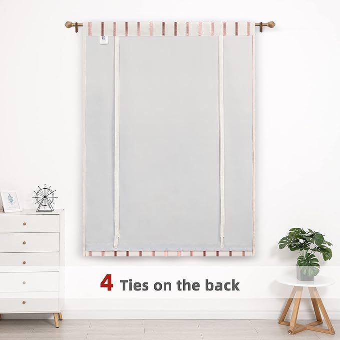 DriftAway Farmhouse Double Layer Linen Blackout Tie Up Curtains Thermal Insulated Vertical Striped Fully Lined Balloon Roman Shade Bathroom Window Adjustable Rod Pocket 25 Inch by 47 Inch Red
