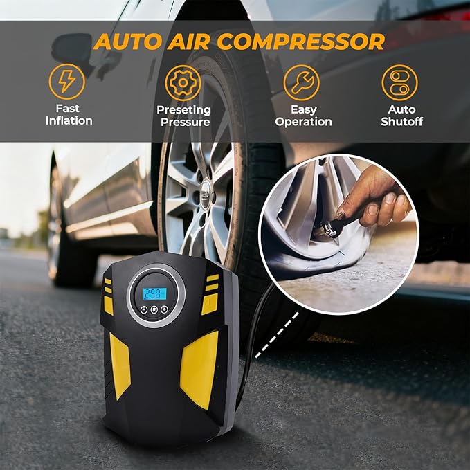 All-in-One Car Emergency Kit with Digital Tire Inflator, Jumper Cable, Tow Strap, Reflective Triangle, First Aid Kit, Hand Crank Flashlight, and Repair Tools for Roadside Safety (Red)
