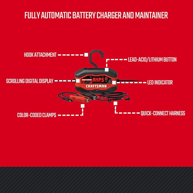 CRAFTSMAN Battery Charger and Maintainer, CMXCESM260, 3-in-1, Fully Automatic, 3 Amps, 12 Volt, for Motorcycle, Car, SUV, Truck and Marine Batteries