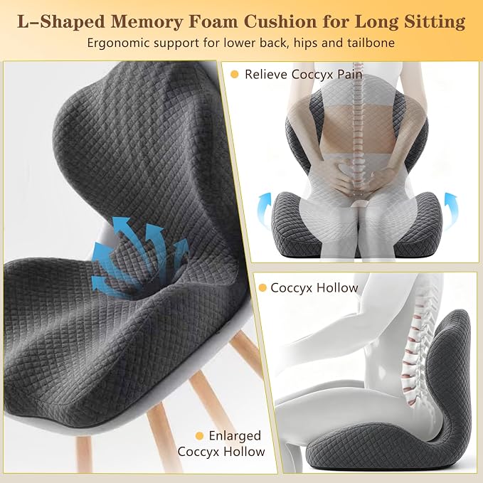 Ergonomic Memory Foam Seat Cushion with Back Support, L-Shaped Office Chair Cushion with Coccyx Cutout, Tailbone Support Cushion for Long Sitting, Car Seat Cushion for Driving, Home & Gaming Chair