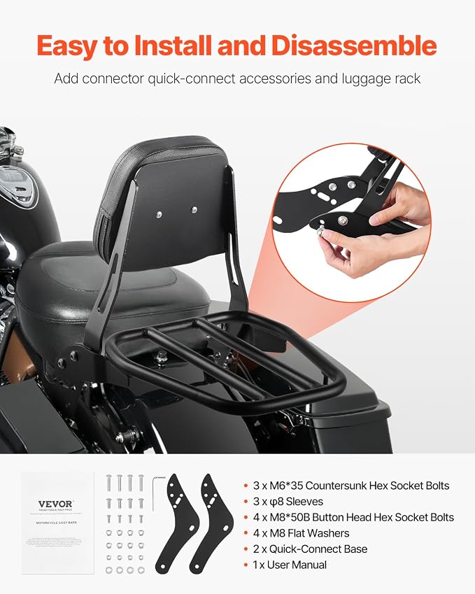VEVOR Motorcycle Backrest Sissy Bar with Luggage Rack, Compatible with Honda Rebel CMX 1100 2021-2022, 18-Inch Height, Removable Passenger Backrest, Durable Metal Frame with Leather Pad, Black