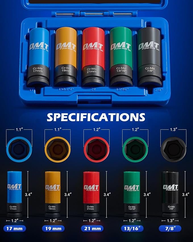 Orion Motor Tech 5pc 1/2" Drive Lug Nut Socket Set, Metric 17 19 21 mm & SAE 13/16 7/8 in. Wheel Socket Set and 3pc 1/2" Drive Extra Long Impact Sockets with 17mm 19mm 21mm Metric Sockets, Bundle