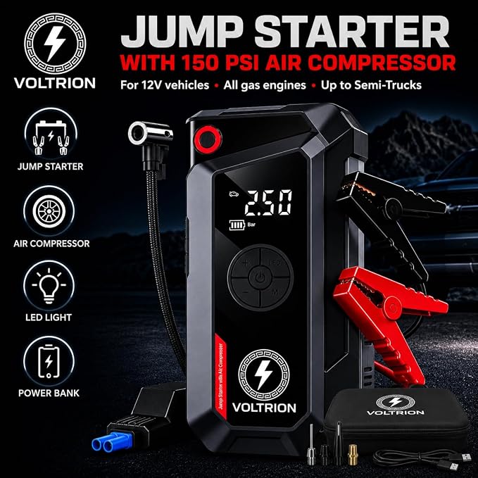 Jump Starter with Air Compressor, 1500A Car Battery Booster for 12V Gas and Diesel, Cars to Semi-Trucks, 150 PSI Digital Tire Inflator, 12000mAh Power Bank, LED Light, Portable Jump Box