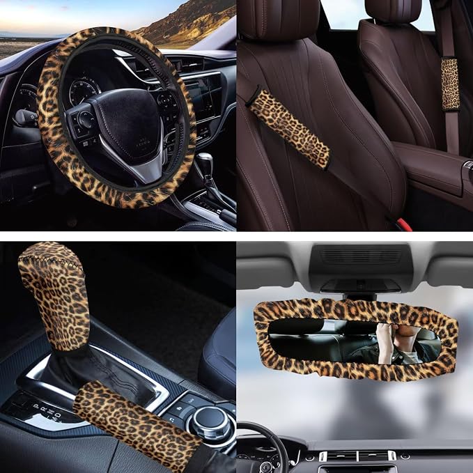 Brown Leopard Print 11 Pack Car Seat Covers Full Set Car Front Seat Cover Auto Seat Belt Cover Rear View Mirror Cover Steering Wheel Cover for Car SUV Seat Protector