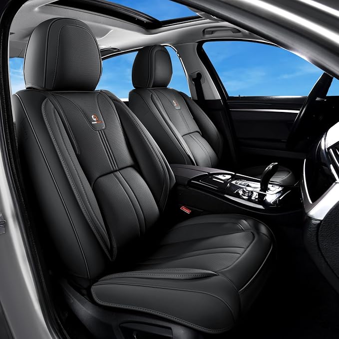 Huidasource Black Front Seat Cover Luxury Nappa Leather, Front Car Seat Cover with Airbag, Front Storage Pocket, Lumbar Support, Cooling＆Heating, Universal Fit for Most Cars SUV Trucks, Black