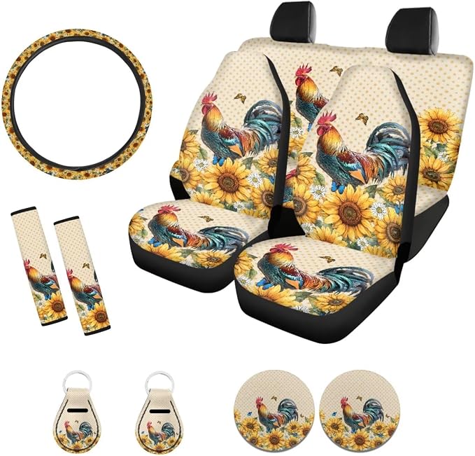 Suobstales Rooster Chicken Sunflower Print Car Seat Covers Full Set Interior Accessories Bucket Seat Cover Rear Split Bench Protection with Steering Wheel Covers,Coaster,Keychains Fits Most Vehicles