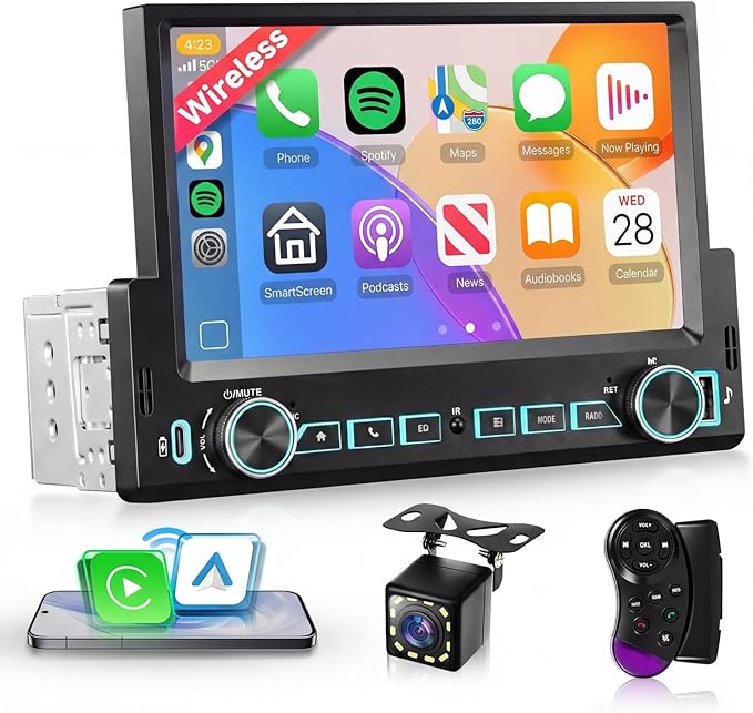 7'' Single Din Car Stereo with Wireless Carplay Android Auto, Single Din Touchscreen Car Radio with Handsfree Bluetooth 5.2 Mirror Link FM EQ SWC, Type-C, USB Port, Backup Camera