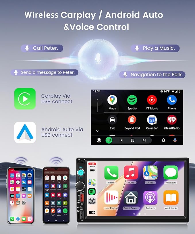 7 Inch Double Din Car Stereo, Wireless CarPlay Android Auto, 2 Din Touch Screen Radio, Bluetooth Stereo, AHD Backup Camera, Mirror Link, FM EQ SWC, Type-C USB Fast Charging, Video Playback
