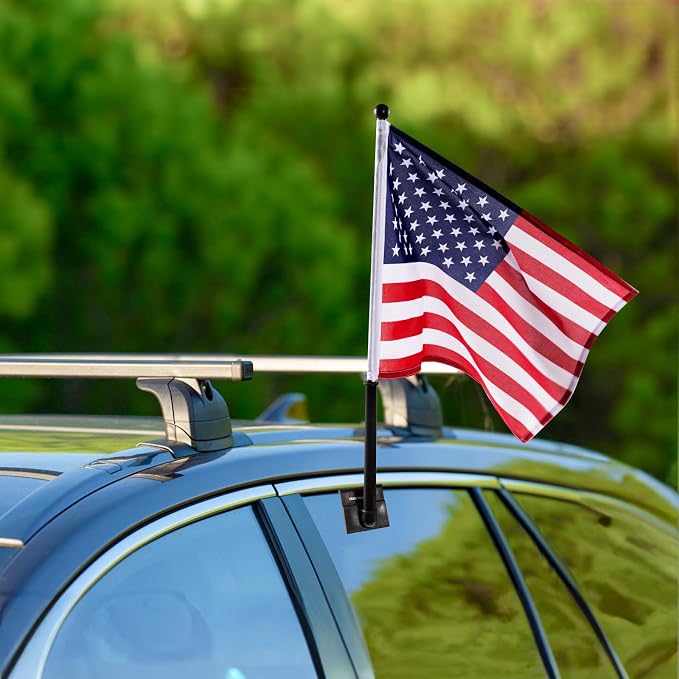 2Pack Car Flag with Flagpole Mount & American Flag, 12" x 16" Two-section Removable Flagpole, 19" USA Flag Pole Fixed Window Adjustable Clip Mount For Most Vehicle Window