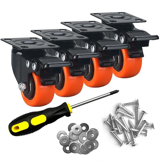 2" Caster Wheels Set of 4, Heavy Duty with Brake | No Noise, Locking, Polyurethane (PU) Wheels, Swivel Plate, Orange, Pack of 4