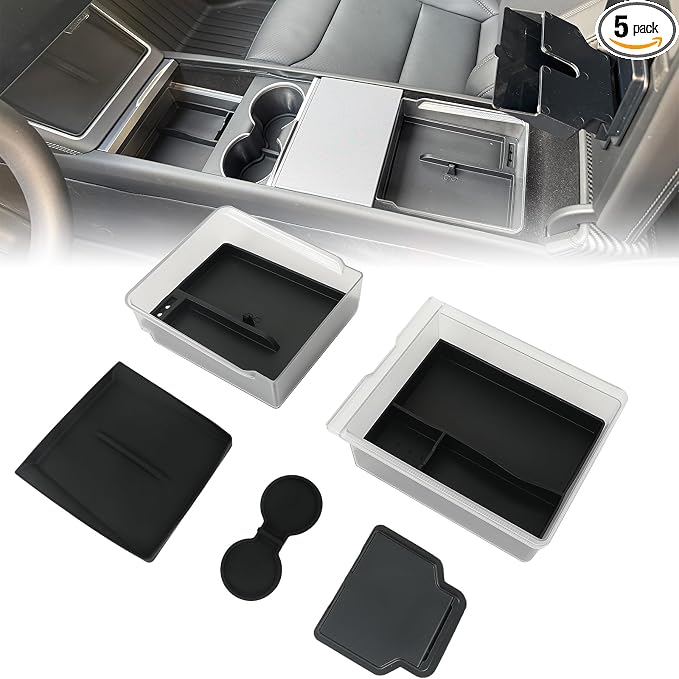 ROCCS 5PCS Center Console Organizer Set Compatible with Model 3 Highland 2024-2025 & Model Y Juniper 2025-2026, ABS Hidden Storage Box with Cup Holder Mat & Wireless Charging Pad Liner, Black