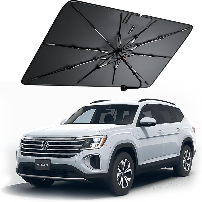 Windshield Sun Shade for Volkswagen Atlas 2018–2026, Foldable Umbrella Sunshade with 100% UV Block, Multi-Layer Heat Insulation, Reinforced 10-Rib Frame, Keeps Car Cooler Summer Car Accessory