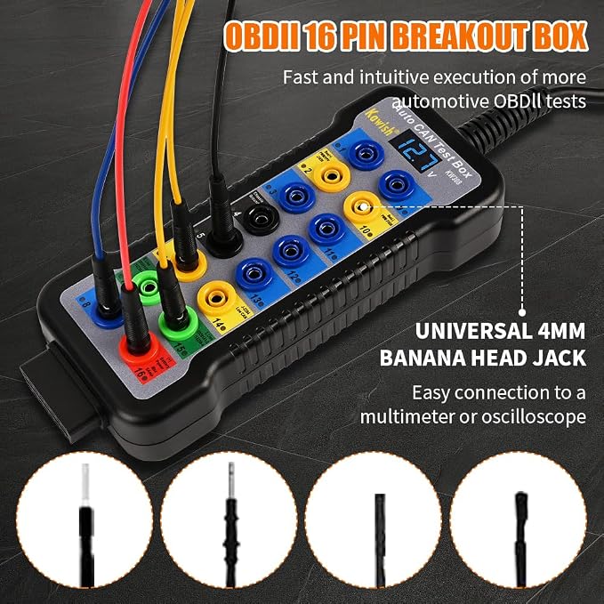 OBD2 Breakout Box with LED Light Indicator, Professional 16-Pin OBDII Breakout Box, Portable Automotive Electrical Diagnostic Test Tool with16pcs 4mm Banana Jump Wire