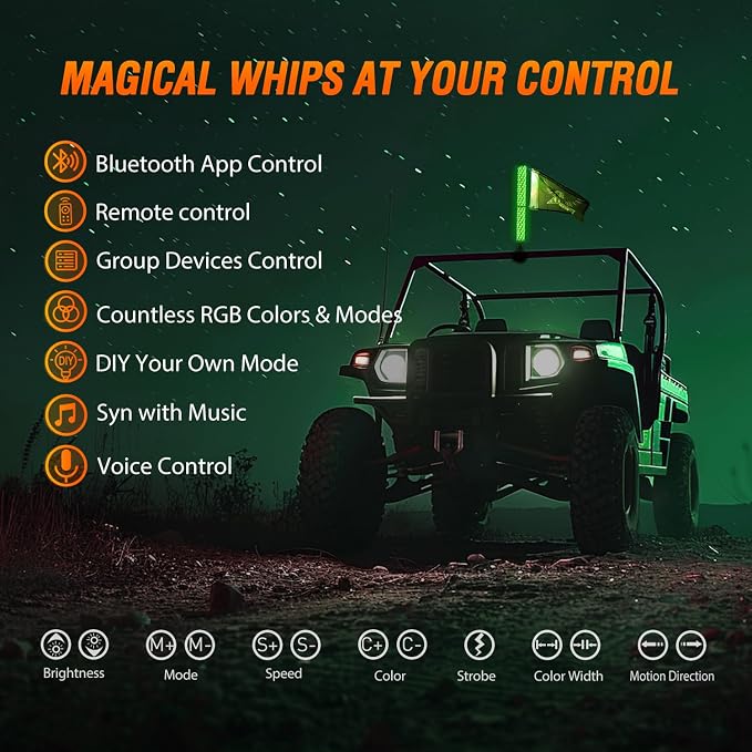 Nilight LED Fat Whip Light 1PC 2FT RGB Lighted Antenna Whips with Remote & App Control DIY Chasing Patterns Brake Reverse Lights for ATV UTV Polaris RZR Can-am Dune Buggy Pickup Trucks Jeep