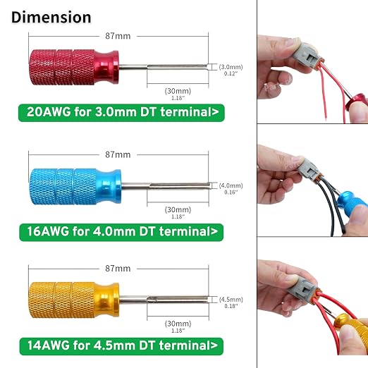 Deutsch Terminal Removal Key Tool, 14/16 / 20 AWG DT, DTM, DTP Terminal Release Tool Kit, 3 Pieces - Car Vehicle, Wiring Connector, Harness, Socket, Plugs, Pins, Mechanics