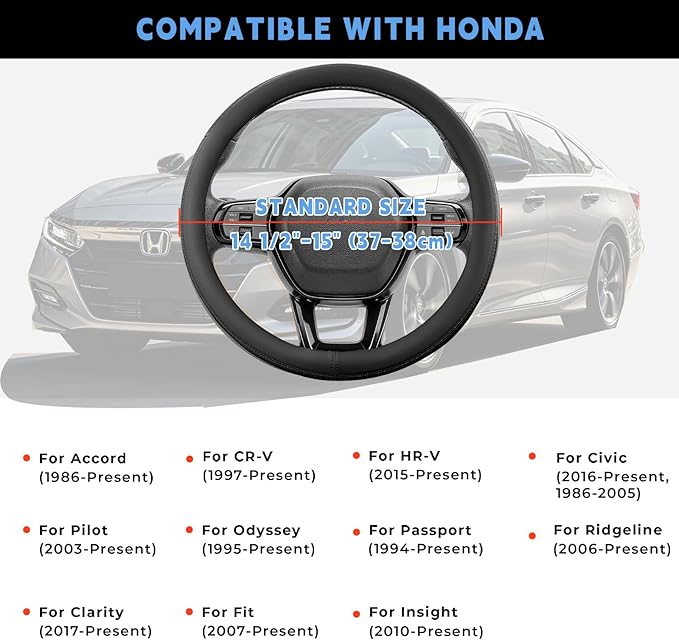Steering Wheel Cover for Honda CRV Accord Civic HRV Pilot Odyssey, Standard Size 14.5-15" (Black)