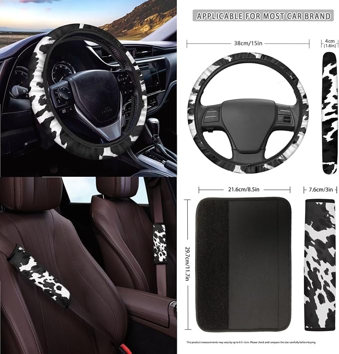 Wanyint Black Cow Print Car Seat Cover Split Covers for Women Men, Car Steering Wheel Cover Seat Belt Strap Pad Trash Bag Mount Phone Holder Rearview Mirror Accessories Cup Holder Key Chain, 15 PCS