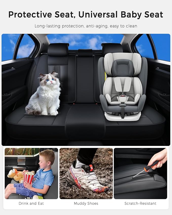 Huidasource Back Seat Cover, Nappa Leather Back Car Seat Cover with Ventilation Holes, Velcro Adjustable, Compatible with Seat Belts, Child Safety Seats, Fit for Most Cars SUV Trucks, Black