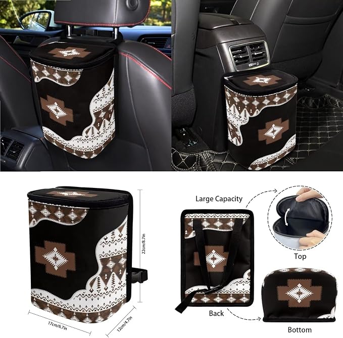 Wanyint Aztec Brown Black Car Front Back Seat Covers Full Set with Car Steering Wheel Cover Safe Belt Pads Cup Coasters Garbage Cans Rear View Mirror Cover Keychain Air Vent Storage Holder, Set of 15