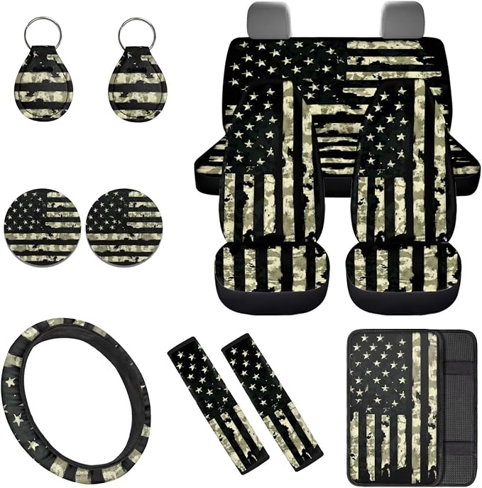 Camouflage Flag Car Seat Covers Full Set 12 Pack with Steering Wheel Cover,Seat Belt Covers Cup Holder with Keychain,Novelty Automotive Protector Set Unverisal Fit Cars SUV