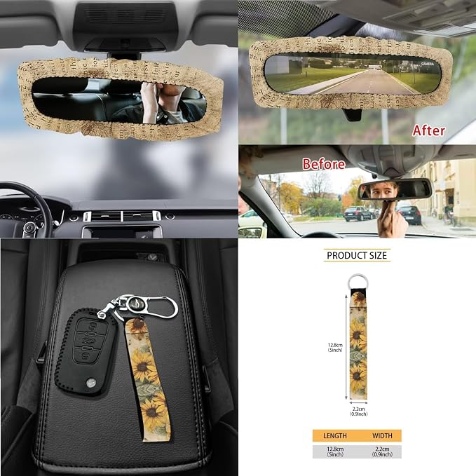Butterfly Sunflower Print Car Seat Covers Full Set with Steering Wheel Cover Safety Belt Pads Rearview Mirror Cover Garbage Bag Car Air Vent Organizer Cup Cushions for Women