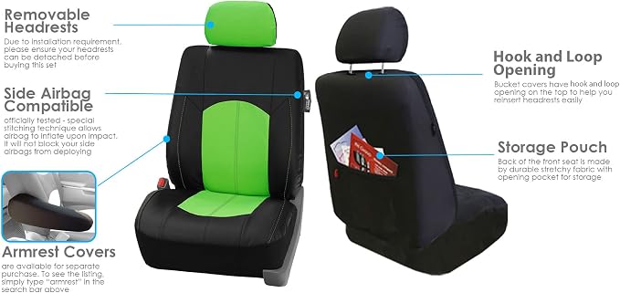 FH Group Automotive Seat Cover Highest Grade Faux Leather Green Black Full Set, Combo Car Seat Cover Design Airbag Compatible Split Bench Tan Car Seat Covers Interior Accessories Universal Fit SUV