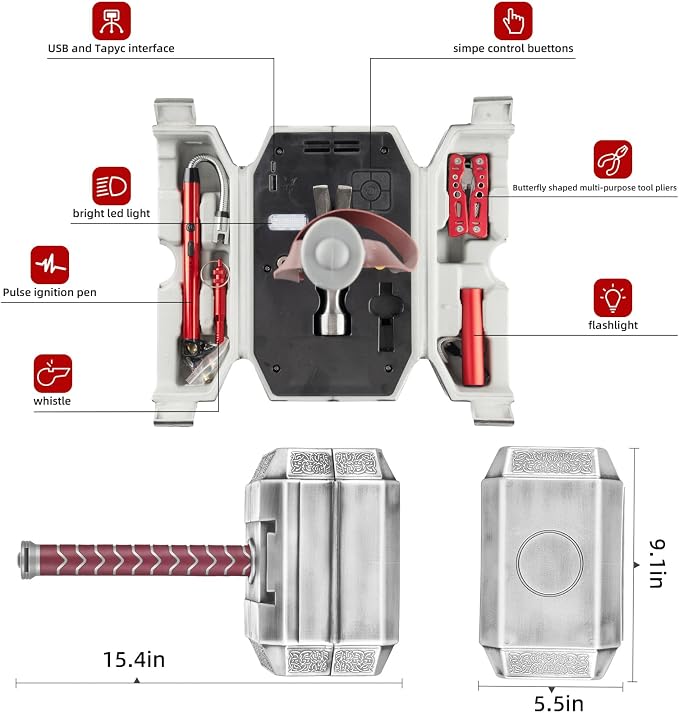 Electric Air Pump with Thor Hammer Toolbox-Camping Accessories,100 PSI Portable Air Compressor with 4000mAh Battery for Bikes and Cars Tire, Balls,air mattresses,Novelty Gift for Men