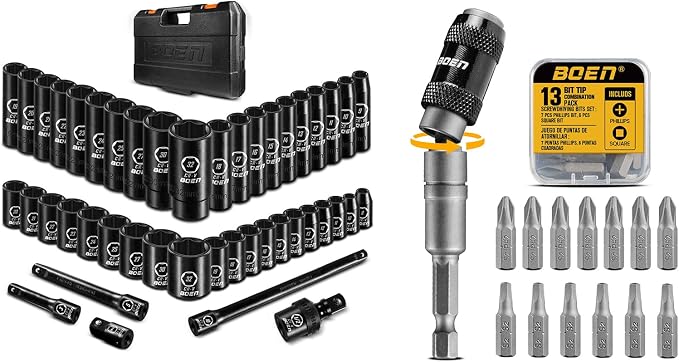boen 45PCS 1/2” Drive Metric Socket Set+14PCS Pivoting Magnetic Bit Holder with Screwdriver Bits