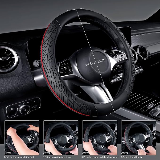 CAR PASS Universal Leather Sport car seat Covers&Leather Rubber Steering Wheel Cover Set,Equipped with Mobile Phone Holder and Non-Slip Cup Mat,Suitable for Steering Wheel 14.5-15”Black Red