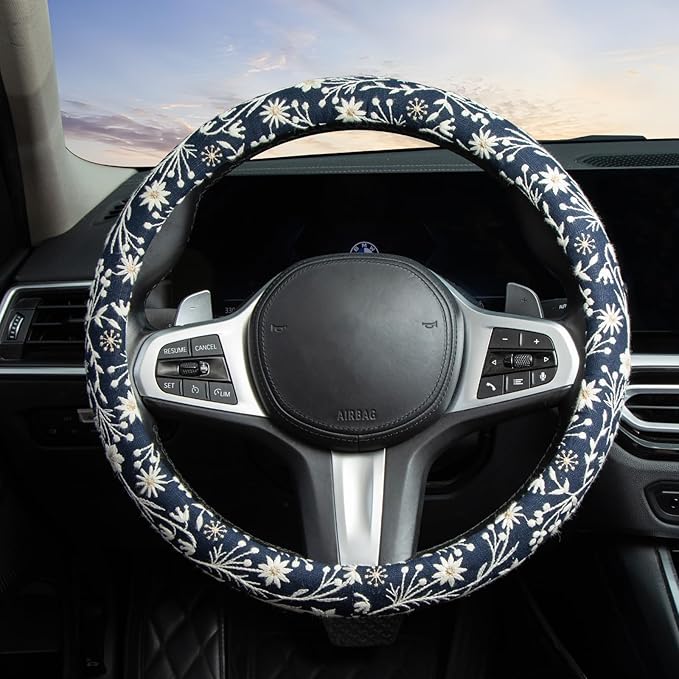 Brown Japanese Style Flower Steering Wheel Cover Auto Embroidery Steering Wheel Protector, Anti-Slip, Breathable, Absorbing Sweat, Universal Car Accessories 14.5–15 inch,Fit for Most Car, Trucks, SUV