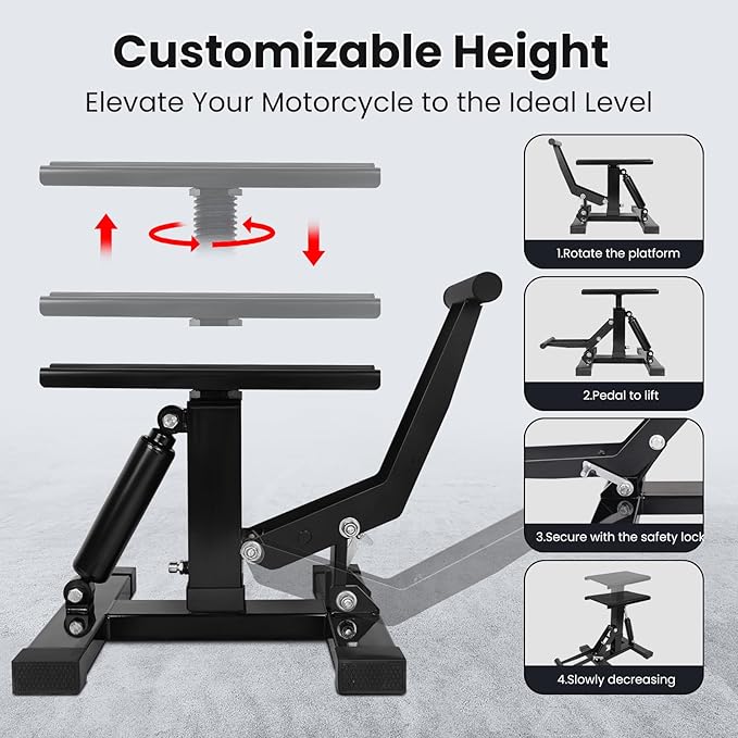 Motorcycle Jack Lift Stand 400 lbs Capacity, Heavy Duty Steel Hydraulic Dirt Bike Stand Lift with Adjustable Height Hoist Table for for Pit Bikes ATVs Maintenance, Motorbike Repair Accessories Tools