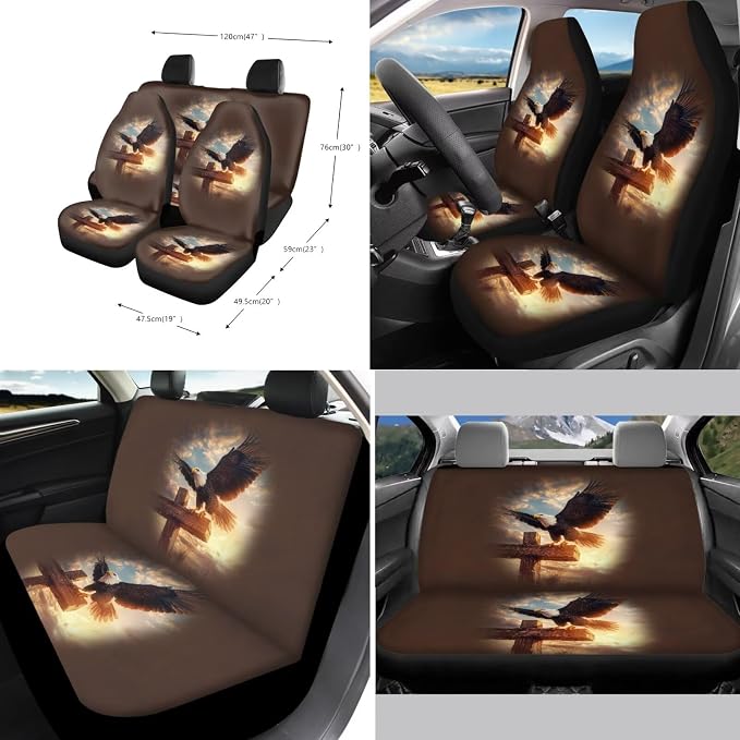 Xoenoiee Eagle Cross Pattern 11 Pcs Car Accessories Seat Cover Full Set, Steering Wheel Cover, Front & Rear Seat Cover, Seat Belt Pads, Cup Coaster, Key Chains - Universal Fit