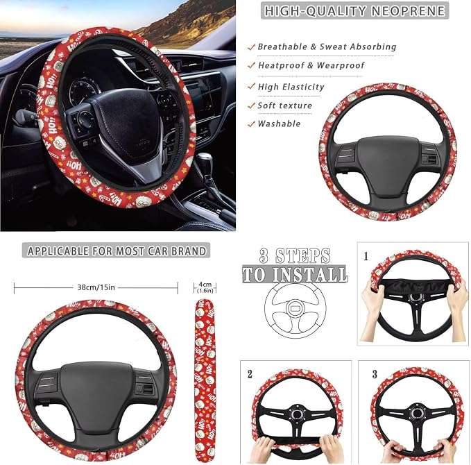 Santa Claus Stars Print Car Seat Covers Full Set Anti-Slip Car Trash Can Steering Wheel Cover Auto Air Vent Storage Bag Coasters Keychain Christmas Decor Fit for SUV Van Truck, Pack of 10