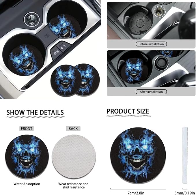 Skull Car Seat Covers Full Set with Steering Wheel Cover+Coasters+Seatbelt Pad Cover+Gear Lever Cover+Hand Brake Cover Universal Fit Most Vehicles Auto Accessories, 11Pcs